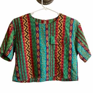 90s tribal abstract print cropped top vintage blouse